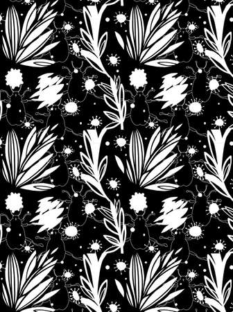 Black and white abstract floral elements pattern.のイラスト素材