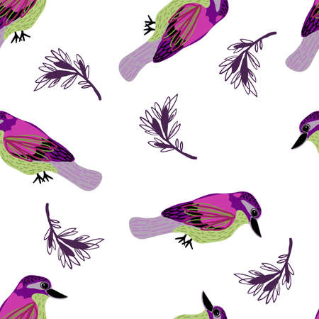 Seamless pattern with colorful birds and leaves.のイラスト素材