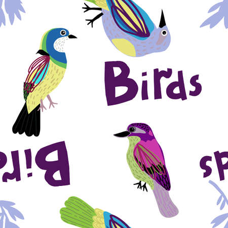 Seamless pattern with colorful birds and leaves.のイラスト素材