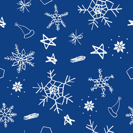 Pattern with winter elements, and snowflakes in the style of children's drawings.