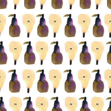 Watercolor pattern with pears. Whole and cut.の写真素材