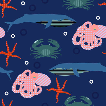 Seamless marine pattern. Background with marine animals.のイラスト素材