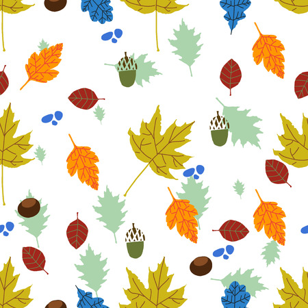 Autumn mood. Pattern with colorful leaves, acorns and chestnuts.のイラスト素材