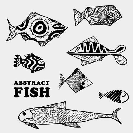 Doodle abstract art fish pattern, hand drawn illustration of marine life for childrenâs wallpaper room, restaurant gourmet menu seafood.のイラスト素材