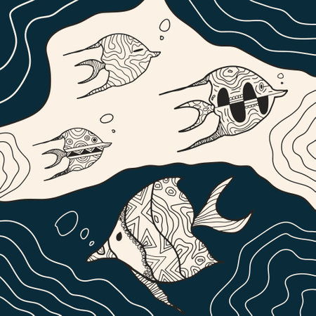 Doodle abstract art fish pattern, hand drawn illustration of underwater life for childrenâs wallpaper room, restaurant gourmet menu seafood.のイラスト素材