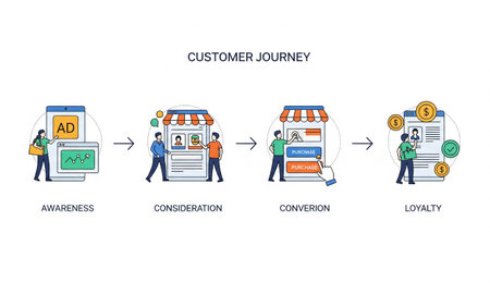 Modern vector illustration of the customer journey stages from awareness to loyalty, with icons and flow arrows. Ideal for marketing, UX, and digital strategy presentations.の写真素材