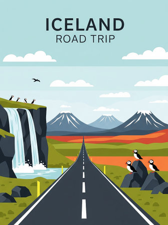Iceland Road Trip. Open road with volcanoes. lIllustration for travel postcard, wallpaper, posters, nature landscape background