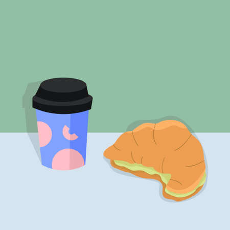 Paper cup with lid and ornament, croissant with matcha. Morning snack, breakfast concept. Vector illustration.のイラスト素材