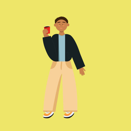 Afro american black skin boy stands with a plastic glass and smiles. Man with subject vector flat illustrationのイラスト素材