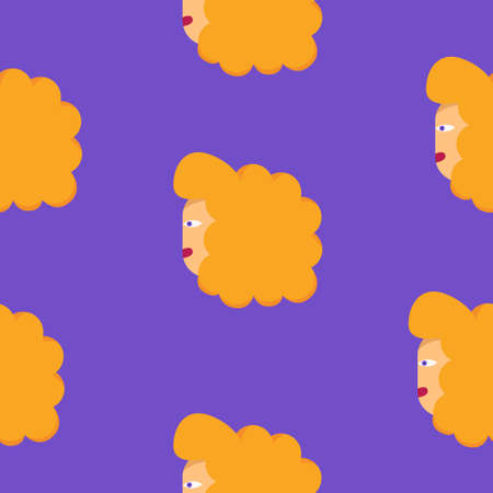 Girl with red hair on a purple background. Pattern with bright objects. Vector flat illustration.のイラスト素材