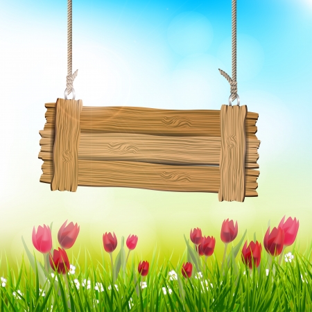 Spring background with tulips and wooden signのイラスト素材