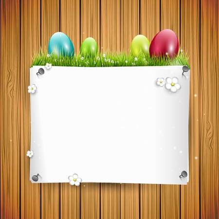 Easter background with colorful eggs and empty paperのイラスト素材