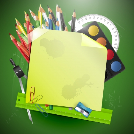 School background with note paper and copyspace on green chalkboardのイラスト素材