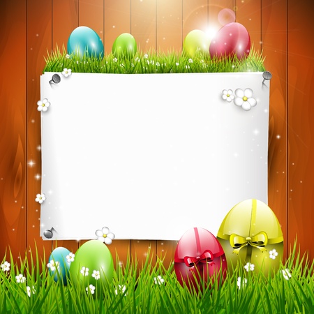 Easter greeting card with colorful eggs and empty paper on wooden backgroundのイラスト素材
