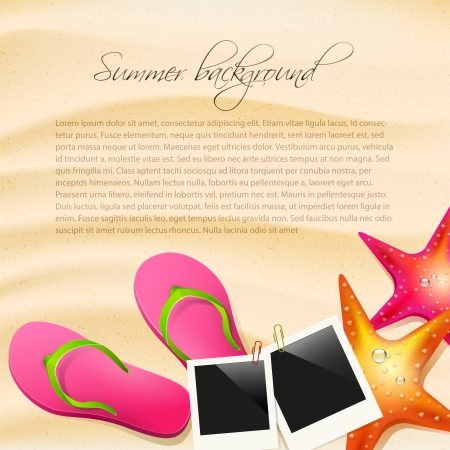 Sand with flip-flops, seastar and safety circle - summer backgroundのイラスト素材