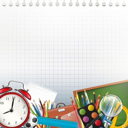 School supplies on white paper with copyspace