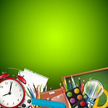 School supplies on green background - vector background with copyspaceのイラスト素材