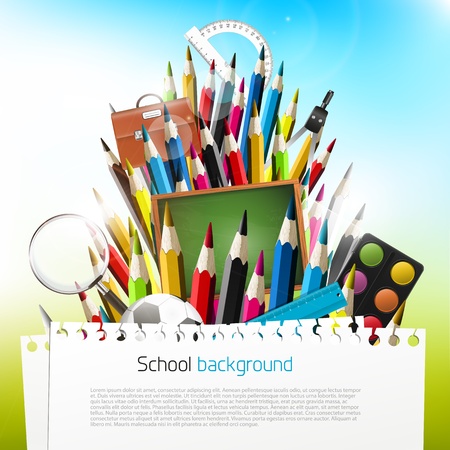 Colorful crayons with school supplies - vector background with copyspaceのイラスト素材