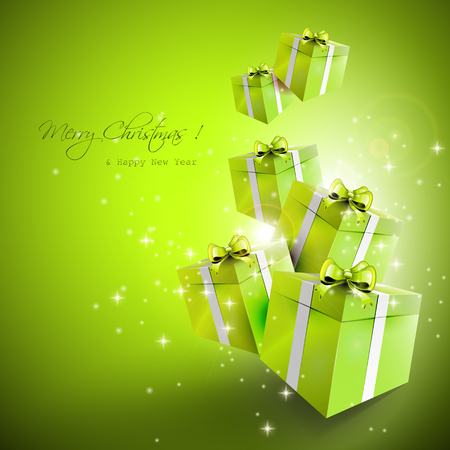 Flying green gift boxes - Christmas greeting cardのイラスト素材
