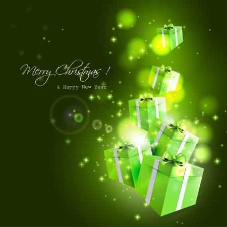 Modern green Christmas greeting card with flying gifts on dark backgroundのイラスト素材