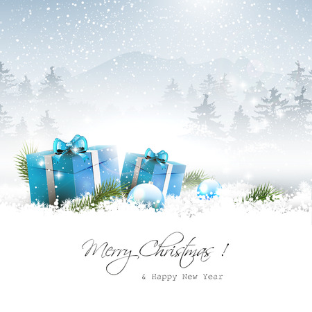 Christmas gift boxes and branches in winter landscape - vector backgroundのイラスト素材