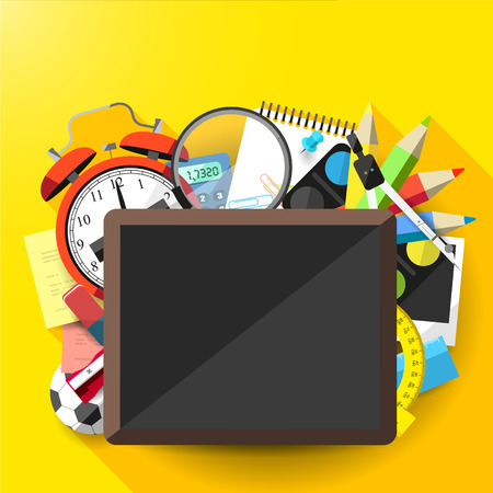 School flat design background with supplies and empty blackboard
のイラスト素材