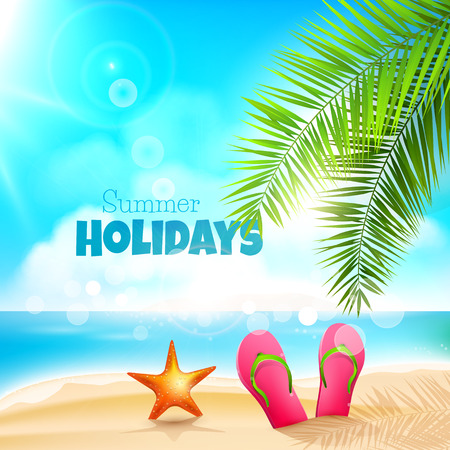 Summer holidays background with flip flops, and sea star on a beachのイラスト素材