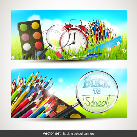 set of two school banners with school supplies in the grassのイラスト素材