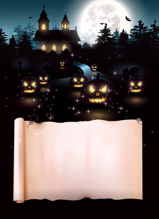 Scary church and graveyard in the woods - Halloween background with place for textのイラスト素材