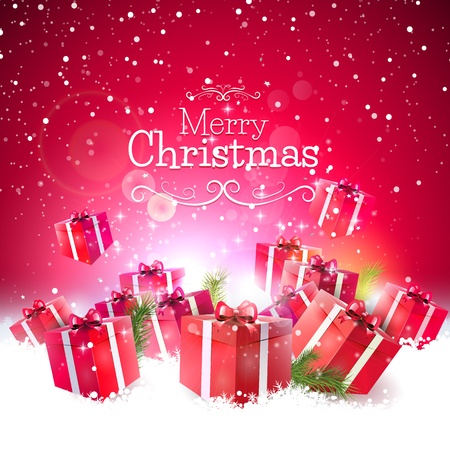 Red gift boxes in the snow - Luxury Christmas greeting cardのイラスト素材