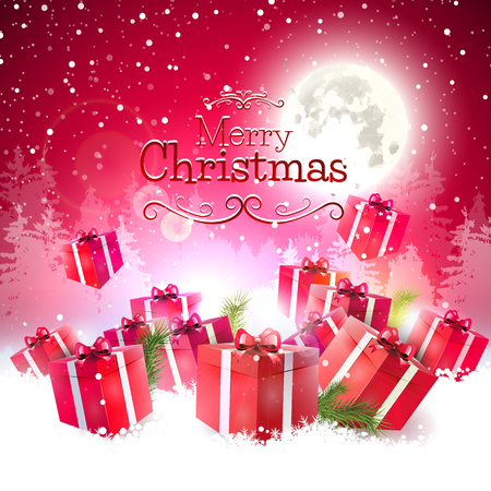 Red gift boxes in the snow - Luxury Christmas greeting cardのイラスト素材
