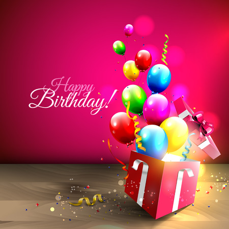Colorful balloons and confetti flying out of gift box Colorful balloons and confetti flying out of gift box
