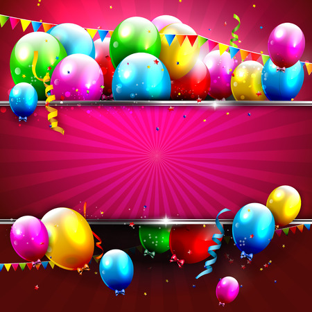 Birthday background with colorful confetti and balloons and place for your textのイラスト素材