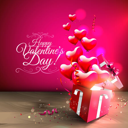 Heart-shaped balloons flying out of gift box - Valentineのイラスト素材