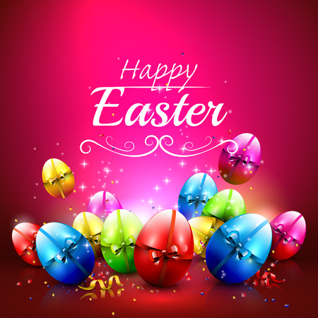 Easter greeting card with colorful eggs on red backgroundのイラスト素材
