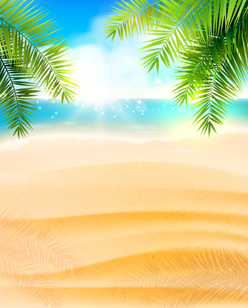 Seaside view on beautiful sunny beach with palm leaves - vector backgroundのイラスト素材