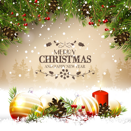 Christmas greeting card with traditional decorations and calligraphic letteringのイラスト素材