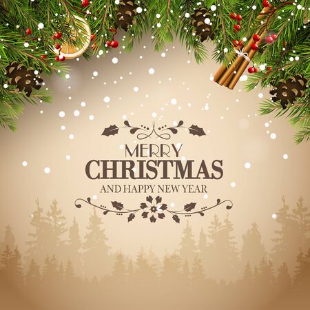 Christmas background with traditional decorations and calligraphic letteringのイラスト素材