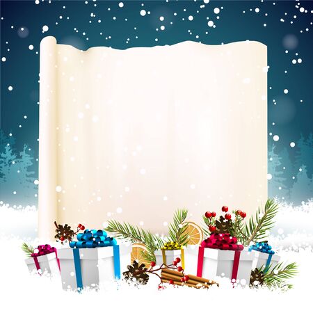 Christmas greeting card with empty paper and colorful gift boxes in the snowのイラスト素材
