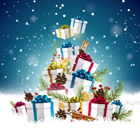 Colorful Christmas gifts stacked into the shape of a Christmas treeのイラスト素材