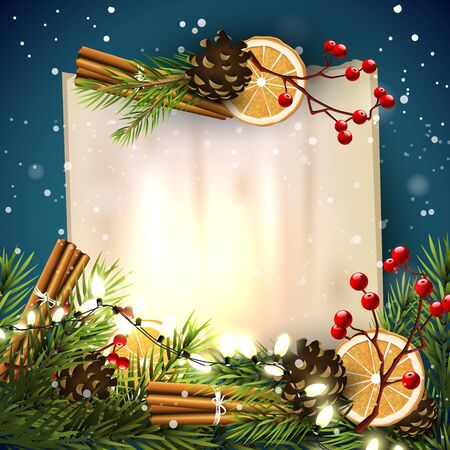 Christmas greeting card with traditional decorations  and old empty paper on blue backgroundのイラスト素材