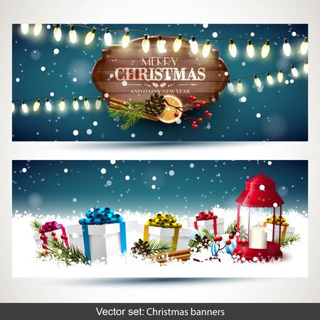 Vector set of two Christmas banners with gift boxes,lantern and wooden sign in winter landscapeのイラスト素材