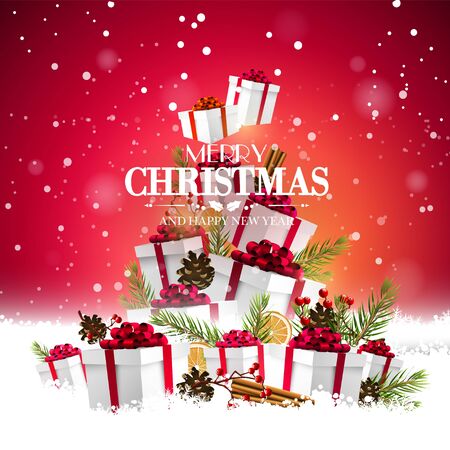 Colorful Christmas gifts stacked into the shape of a Christmas treeのイラスト素材