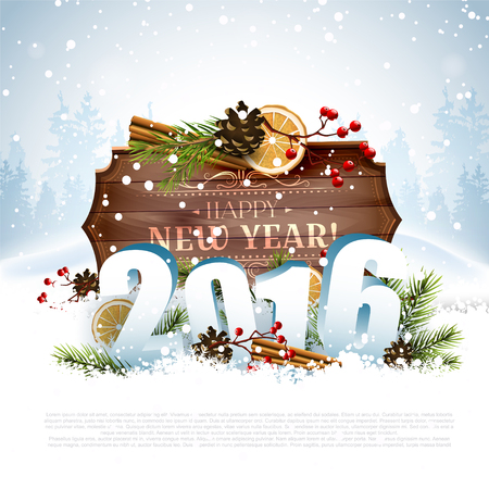 Happy New Year 2016 - traditional decorations, 3D numbers and wooden sign with calligraphic inscription on the snowのイラスト素材