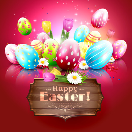 Easter greeting card with colorful eggs and wooden sign on red backgroundのイラスト素材
