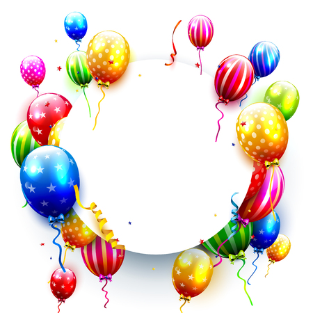 Birthday card with colorful balloons and confetti on white backgroundのイラスト素材