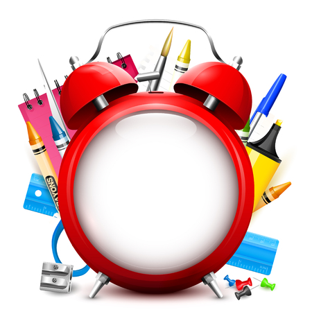 Back To School background - red alarm clock and school supplies with place for textのイラスト素材