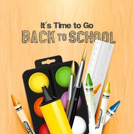 School background with school supplies on wooden backgroundのイラスト素材