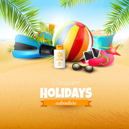 Seaside view on beautiful sunny beach with palm leaves, beach ball, sunglasses,diving fins and flip-flops. Summer vacation conceptのイラスト素材