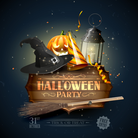 Modern Halloween party flyer with old sign,black lantern, old hat, pumpkin, and party hat on blue background.のイラスト素材